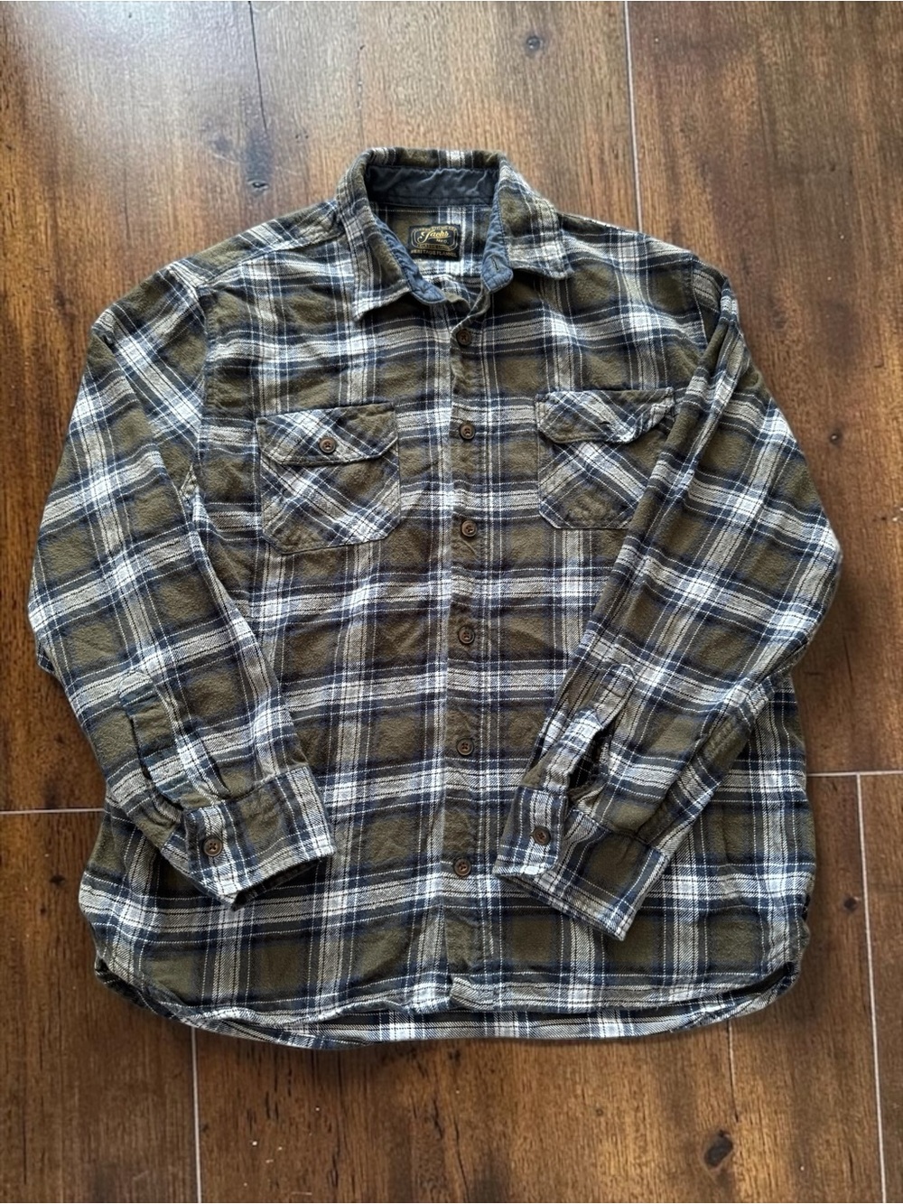 Jachs Men's Medium Olive Green Blue Plaid Heritage Flannel Button Down Shirt